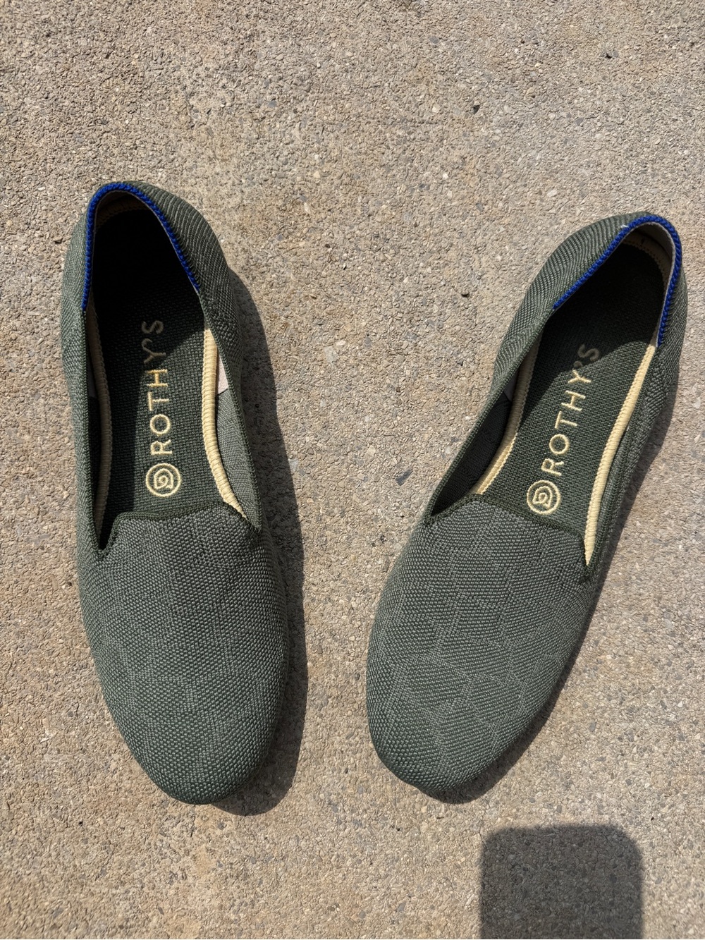 Rothy's Olive Green Knit Slip-On Flats with Blue Trim